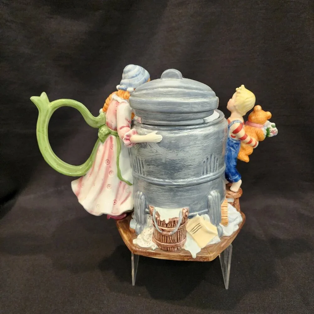 Vintage Ceramic Teapot Old Fashioned Ringer Washer Mom and Son, Rare